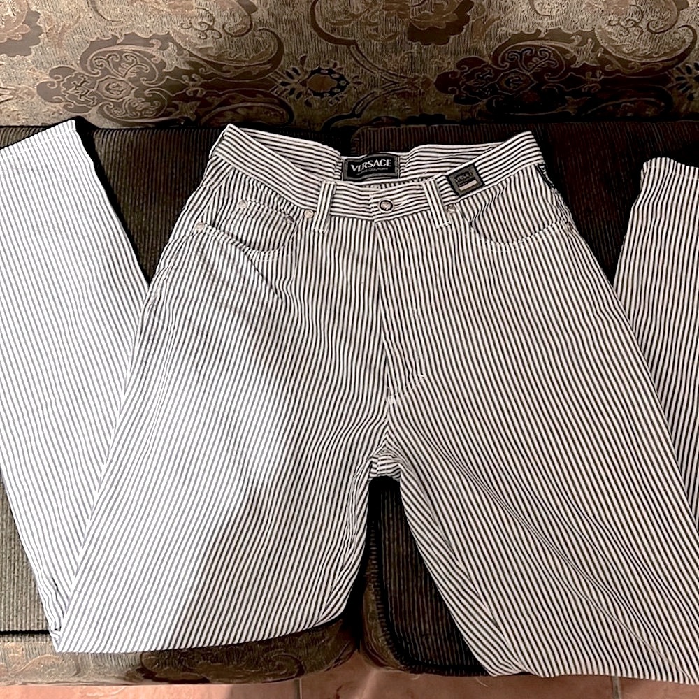 Vintage Versace jean couture pants white/strips blue really cute sassy !